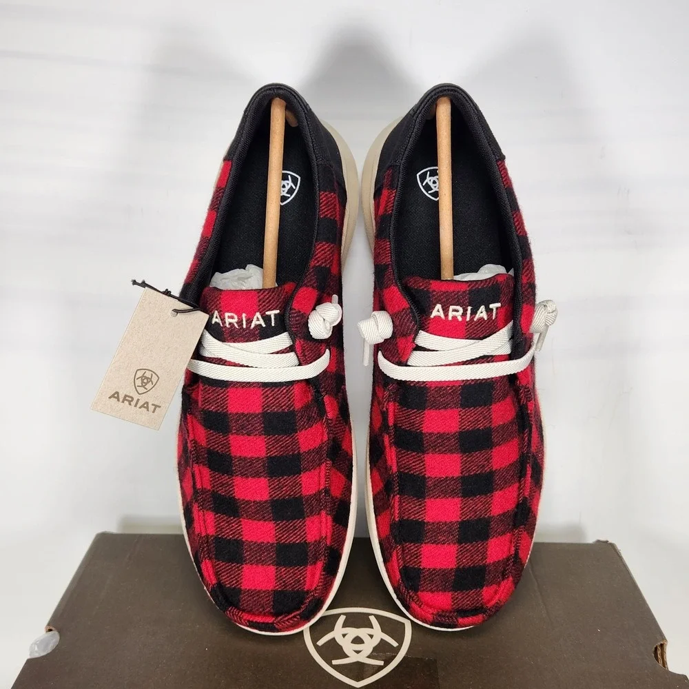 Ariat Hilo Shoes Mens Size 11 Red Buffalo Check Flannel Slip On Moc Toe Sneaker